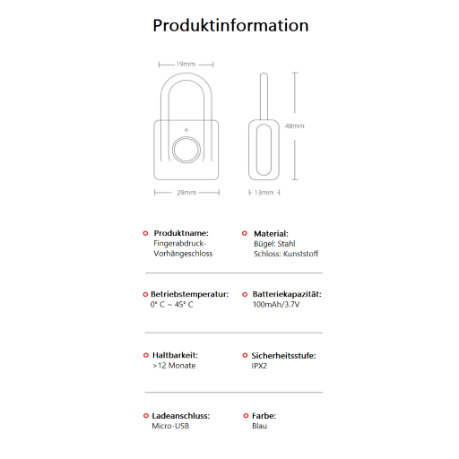 Biometrisches Thumbprint Türvorhängeschloss Wiederaufladbares Türschloss Fingerprint Smart Vorhängeschloss USB Keyless
